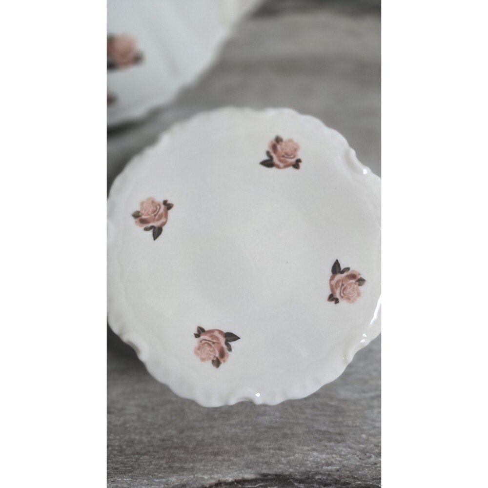 Vintage Miniature Porcelain Tea Set White Pink Rose Scalloped Teapot Sugar Bowl - Picture 2 of 16